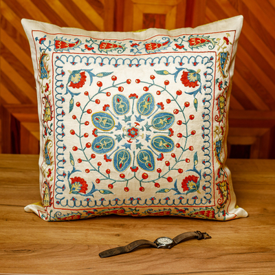 Silk and cotton cushion cover, 'Noble Glory' - Suzani Embroidered Floral Silk Cushion Cover