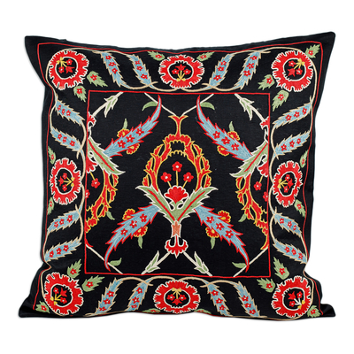 Silk and cotton cushion cover, 'Arcadia Nights' - Classic Leafy Embroidered Black Silk Blend Cushion Cover