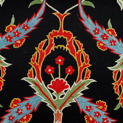 Silk and cotton cushion cover, 'Arcadia Nights' - Classic Leafy Embroidered Black Silk Blend Cushion Cover