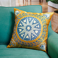 Silk and cotton cushion cover, 'Heaven's Shine' - Star and Leafy-Themed Blue and Yellow Cushion Cover