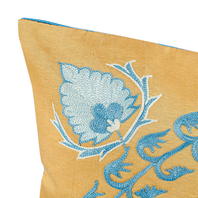 Silk and cotton cushion cover, 'Heaven's Shine' - Star and Leafy-Themed Blue and Yellow Cushion Cover