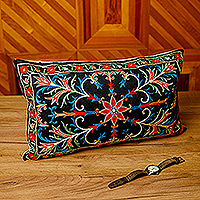 Silk and cotton blend cushion cover, 'Glimpses of Majesty' - Embroidered Floral Silk and Cotton Blend Cushion Cover