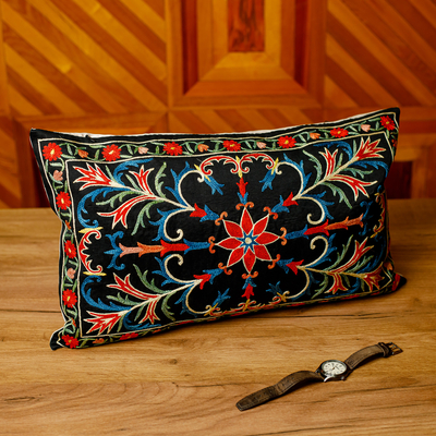 Silk and cotton blend cushion cover, 'Glimpses of Majesty' - Embroidered Floral Silk and Cotton Blend Cushion Cover
