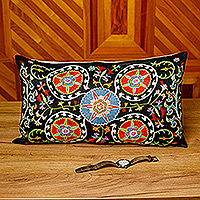 Silk and cotton blend cushion cover, 'Glimpses of Nobility' - Classic Embroidered Silk and Cotton Blend Cushion Cover