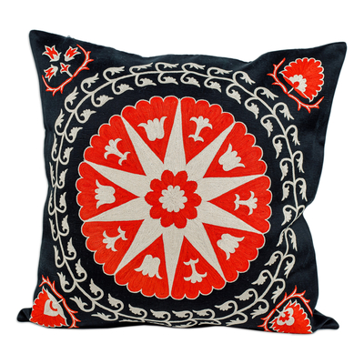 Silk and cotton blend cushion cover, 'Night's Shine' - Star and Leafy-Themed Red and Black Cushion Cover