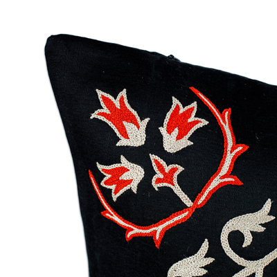 Silk and cotton blend cushion cover, 'Night's Shine' - Star and Leafy-Themed Red and Black Cushion Cover