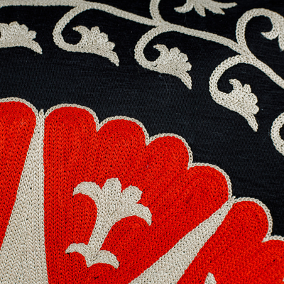 Funda de mezcla cojín de seda y algodón - Funda de Cojín Rojo y Negro con Temática de Estrellas y Hojas