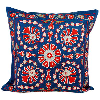 Silk and cotton cushion cover, 'Regal Illusion' - Classic Blue and Red Silk and Cotton Blend Cushion Cover