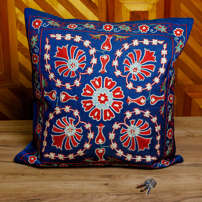 Silk and cotton cushion cover, 'Regal Illusion' - Classic Blue and Red Silk and Cotton Blend Cushion Cover
