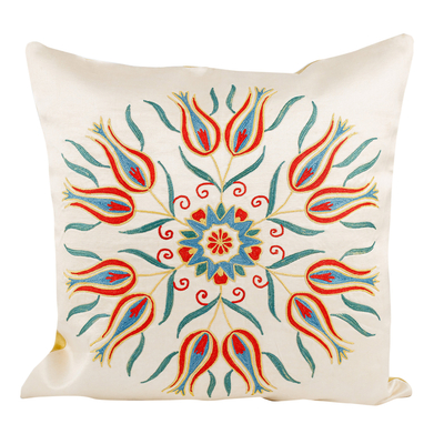 Silk and cotton cushion cover, 'Tulip Firmament' - Tulip and Star-Themed Silk and Cotton Blend Cushion Cover