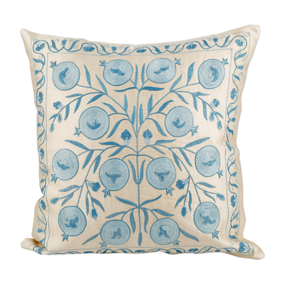 Silk and cotton cushion cover, 'Prosperity in Heaven' - Pomegranate and Leaf-Themed Beige and Blue Cushion Cover