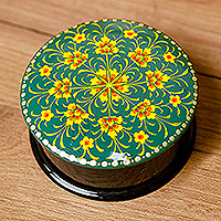 Papier mache jewelry box, 'Primavera in Green' - Floral Round Black and Green Papier Mache Jewelry Box