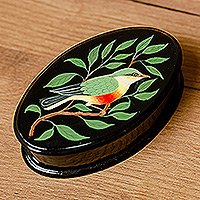 Hand-painted jewelry box, 'Tender Treasure' - Bird-Themed Oval-Shaped Black Hand-Painted Jewelry Box