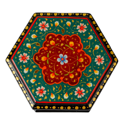 Papier mache jewelry box, 'Altar to Splendor' - Floral Hexagon-Shaped Teal and Red Papier Mache Jewelry Box