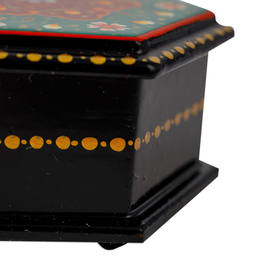 Papier mache jewellery box, 'Altar to Splendor' - Floral Hexagon-Shaped Teal and Red Papier Mache jewellery Box
