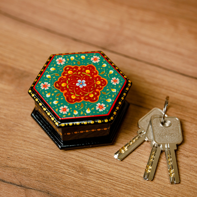 Papier mache jewellery box, 'Altar to Splendor' - Floral Hexagon-Shaped Teal and Red Papier Mache jewellery Box