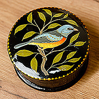 Papier mache jewelry box, 'Bird in the Hand' - Painted Bird and Leafy-Themed Blue and Green Jewelry Box