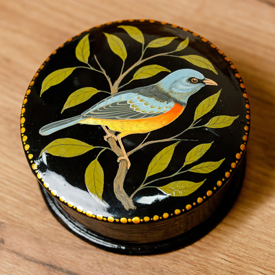 Papier mache jewellery box, 'Chant for Imagination' - Painted Bird and Leafy-Themed Blue and Green jewellery Box