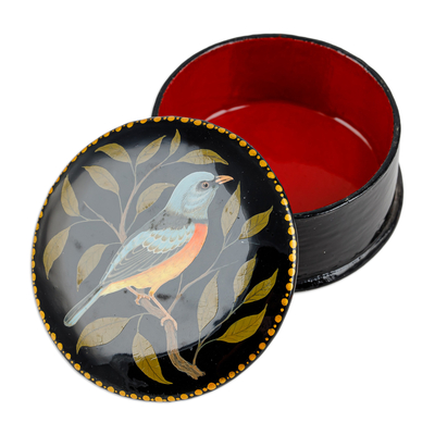 Papier mache jewelry box, 'Bird in the Hand' - Painted Bird and Leafy-Themed Blue and Green Jewelry Box