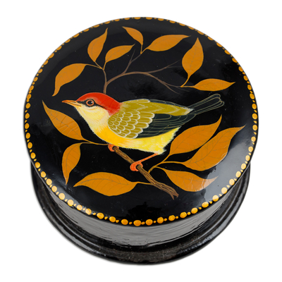 Joyero de papel maché - Joyero naranja y amarillo con temática de hojas y pájaros pintados