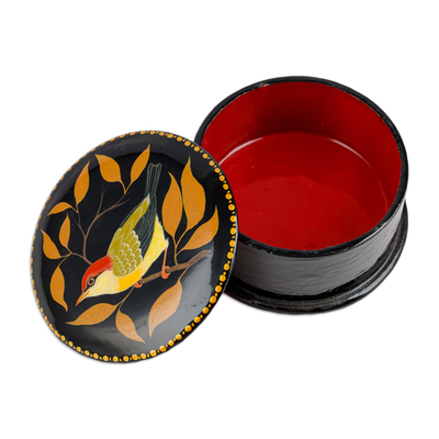 Papier mache jewelry box, 'Chant for Tenderness' - Painted Bird and Leafy-Themed Orange and Yellow Jewelry Box