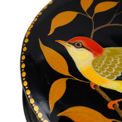 Papier mache jewellery box, 'Chant for Tenderness' - Painted Bird and Leafy-Themed Orange and Yellow jewellery Box