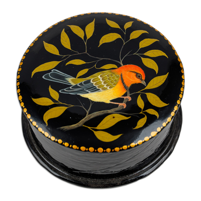 Papier mache jewellery box, 'Chant for Joy' - Painted Bird and Leafy-Themed Yellow and Orange jewellery Box