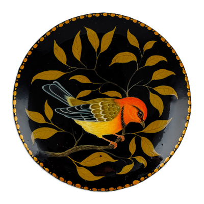 Papier mache jewellery box, 'Chant for Joy' - Painted Bird and Leafy-Themed Yellow and Orange jewellery Box