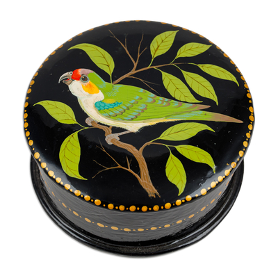 Joyero de papel maché - Joyero verde y negro con temática de hojas y pájaros pintados
