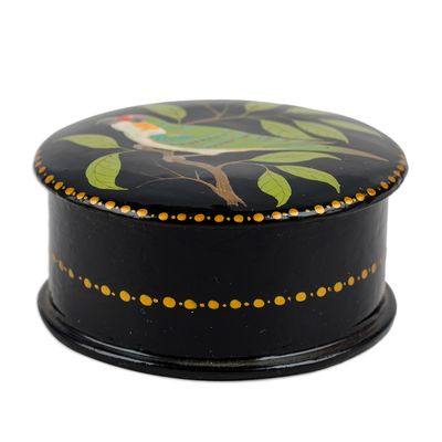 Papier mache jewelry box, 'Chant for Renewal' - Painted Bird and Leafy-Themed Green and Black Jewelry Box