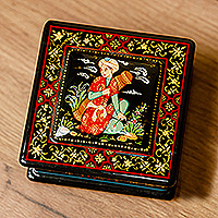 Papier mache jewelry box, 'Melody of the Nobleman' - Classic Hand-Painted Red and Golden Papier Mache Jewelry Box
