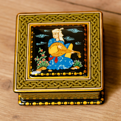 Papier mache jewellery box, 'Melody of the Noblewoman' - Classic Painted Yellow and Black Papier Mache jewellery Box