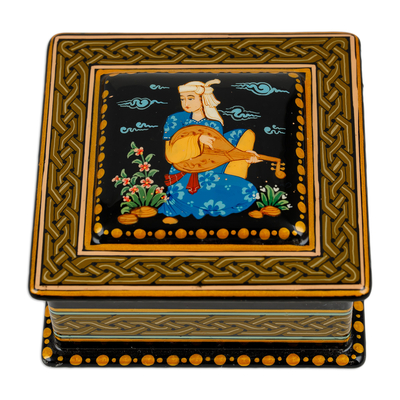 Papier mache jewellery box, 'Melody of the Noblewoman' - Classic Painted Yellow and Black Papier Mache jewellery Box