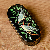 Papier mache jewelry box, 'Forest Melodies' - Bird-Themed Oblong-Shaped Black Papier Mache Jewelry Box