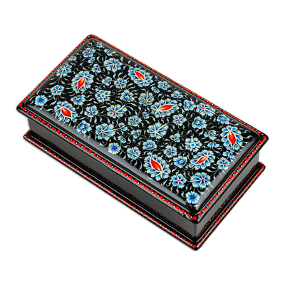 Papier mache jewellery box, 'Blue Bewitchment' - Hand-Painted Floral Blue and Red Papier Mache jewellery Box