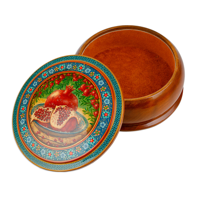 Wood jewelry box, 'Sweet Prophecy' - Pomegranate-Themed Painted Round Walnut Wood Jewelry Box