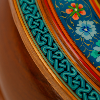 Joyero de madera - Joyero redondo de madera de nogal pintado con temática de granada