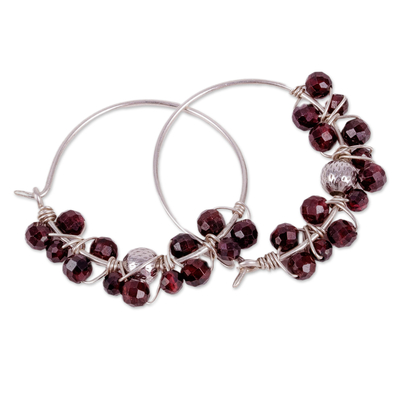 Garnet hoop earrings, 'Passionate Bubbles' - Sterling Silver and Natural Garnet Beaded Hoop Earrings