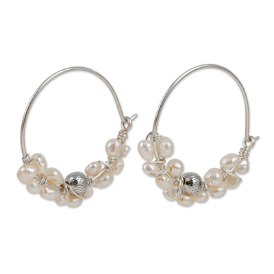 Aretes de perlas cultivadas - Pendientes de aro con cuentas de plata de ley y perlas color crema