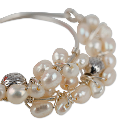 Cultured pearl hoop earrings, 'Celestial Bubbles' - Sterling Silver and Cream Pearl Beaded Hoop Earrings