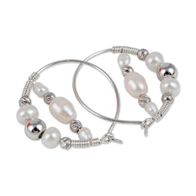 Cultured pearl hoop earrings, 'Sophisticated Me' - Sterling Silver and Cultured Pearl Beaded Hoop Earrings