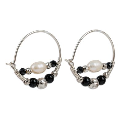 Obsidian and cultured pearl hoop earrings, 'Triumphant Me' - Cultured Pearl and Natural Obsidian Beaded Hoop Earrings