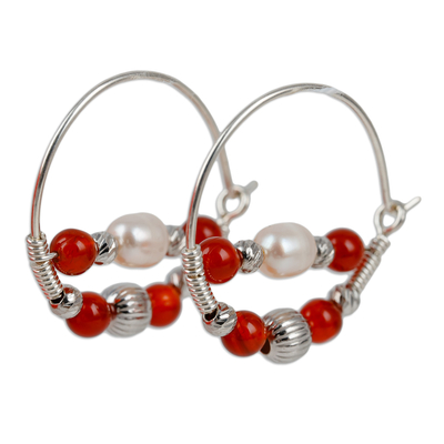 Carnelian and cultured pearl hoop earrings, 'Courageous Me' - Cultured Pearl and Natural Carnelian Beaded Hoop Earrings