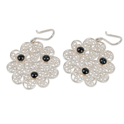 Agate filigree dangle earrings, 'Mysterious Madame' - Floral Filigree Dangle Earrings with Black Agate Cabochons
