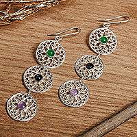 Multi-gemstone filigree dangle earrings, 'Wonders of the Road' - Heart-Themed Sterling Silver Multi-Gemstone Dangle Earrings