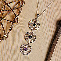 Multi-gemstone filigree pendant necklace, 'Wonders of the Road' - Heart-Themed Sterling Silver Multi-Gemstone Pendant Necklace