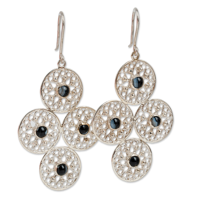 Agate dangle earrings, 'Silk Road's Romance' - Heart-Themed Black Agate Sterling Silver Dangle Earrings