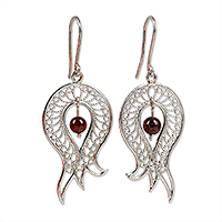 Garnet filigree dangle earrings, 'Passion at the Forest' - Polished Pomegranate-Shaped Garnet Filigree Dangle Earrings