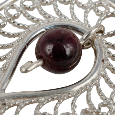 Garnet filigree pendant necklace, 'Passion at the Forest' - Garnet Sterling Silver Filigree Pomegranate Pendant Necklace