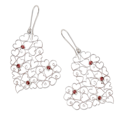 Garnet dangle earrings, 'Heart Tapestry' - Garnet 925 Silver Heart Dangle Earrings with Openwork Accent